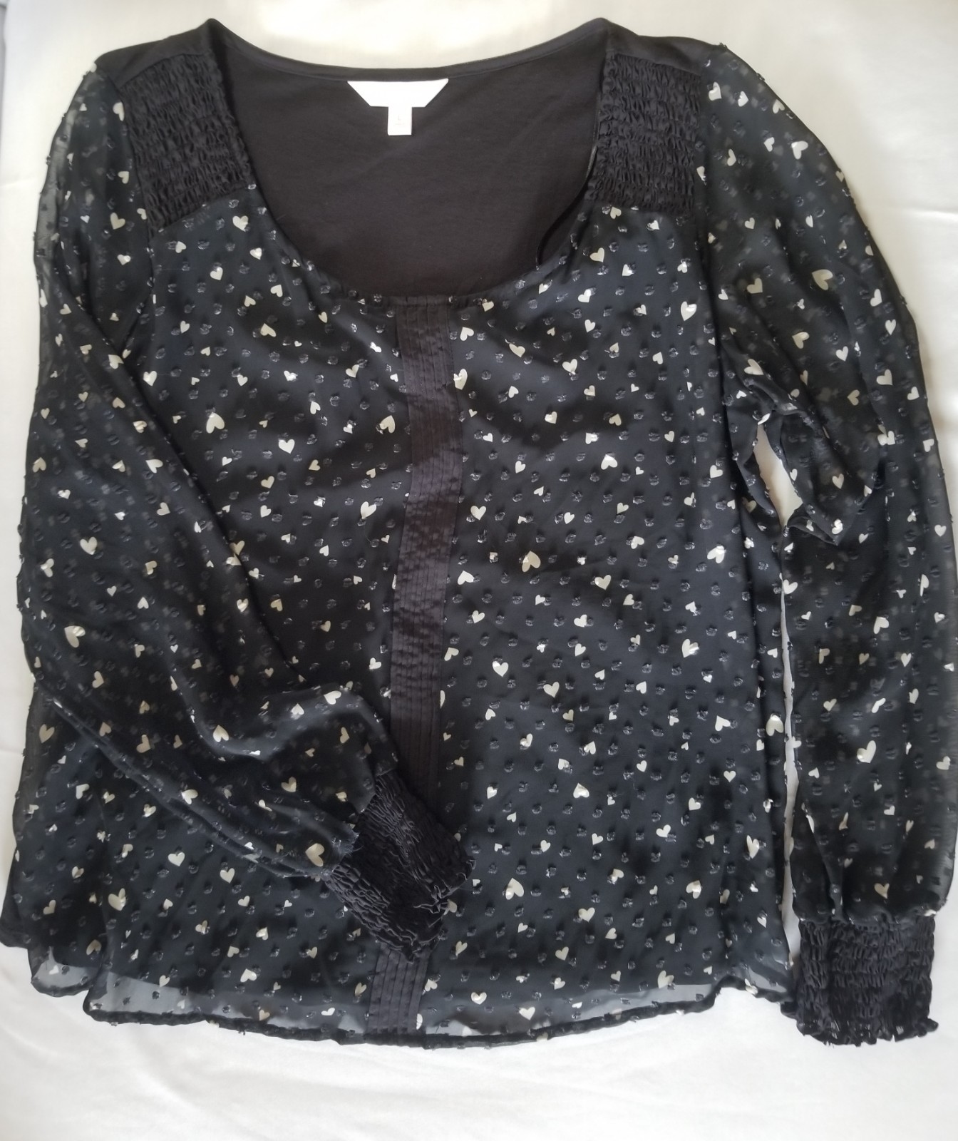 LC Lauren Conrad Black Peasant Blouse Pink Hearts Long Sleeves Boho L Romantic