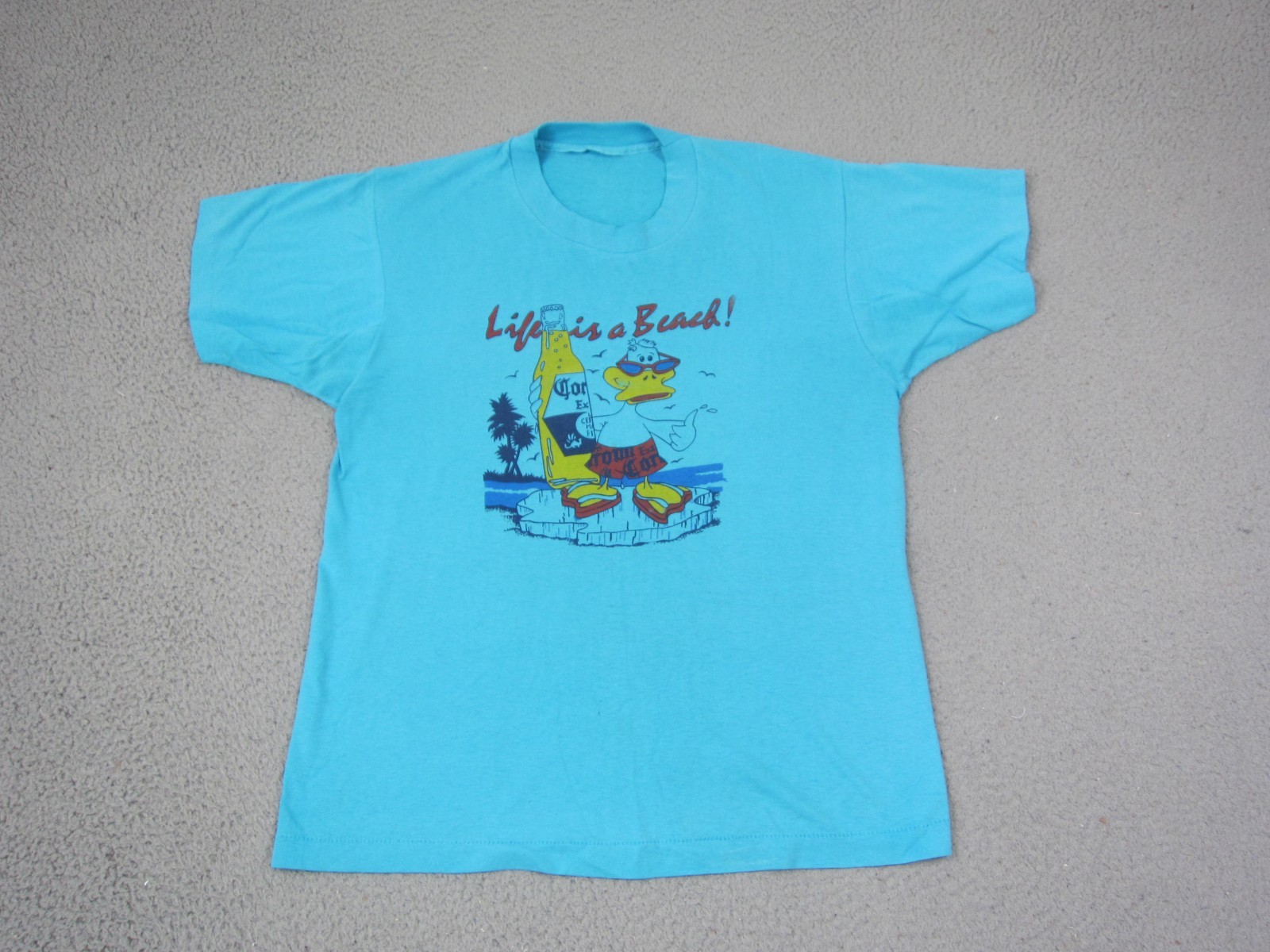 Vintage Life Is A Beach Duck Shirt Mens Medium Blue Single Stitch Beer 70s 80s