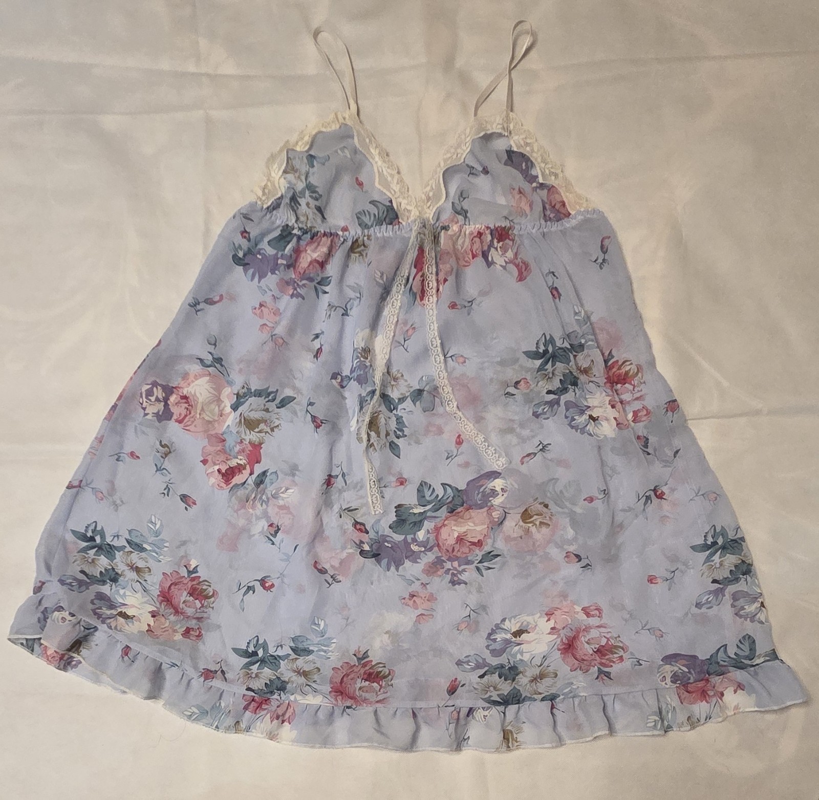 Women’s Size L Light Blue Floral Translucent Lace Trim Thin Strap Nightgown