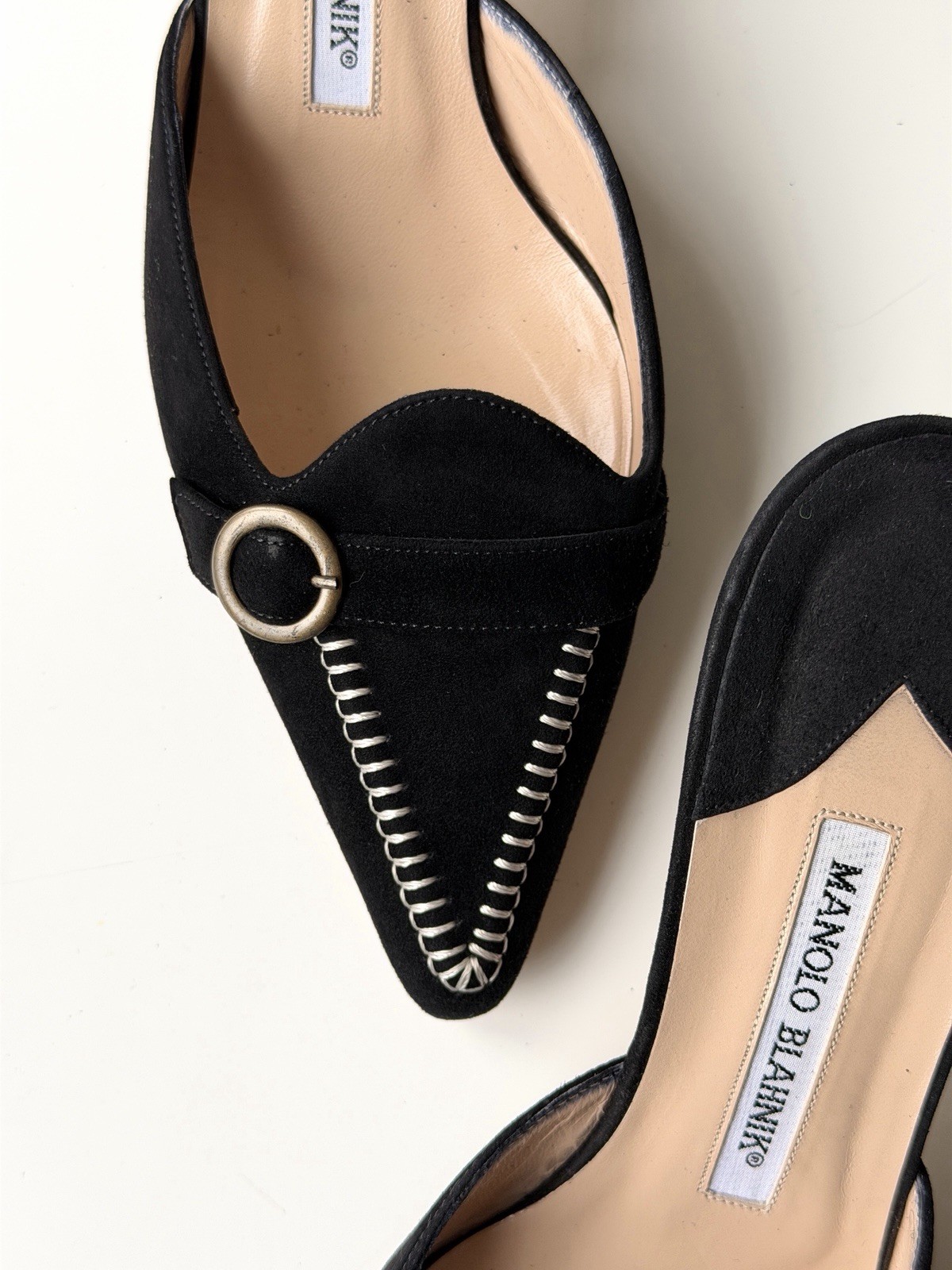 Manolo Blahnik vintage black suede mules, IT 38, ~ US 7.5-8, kitten heel: 2”
