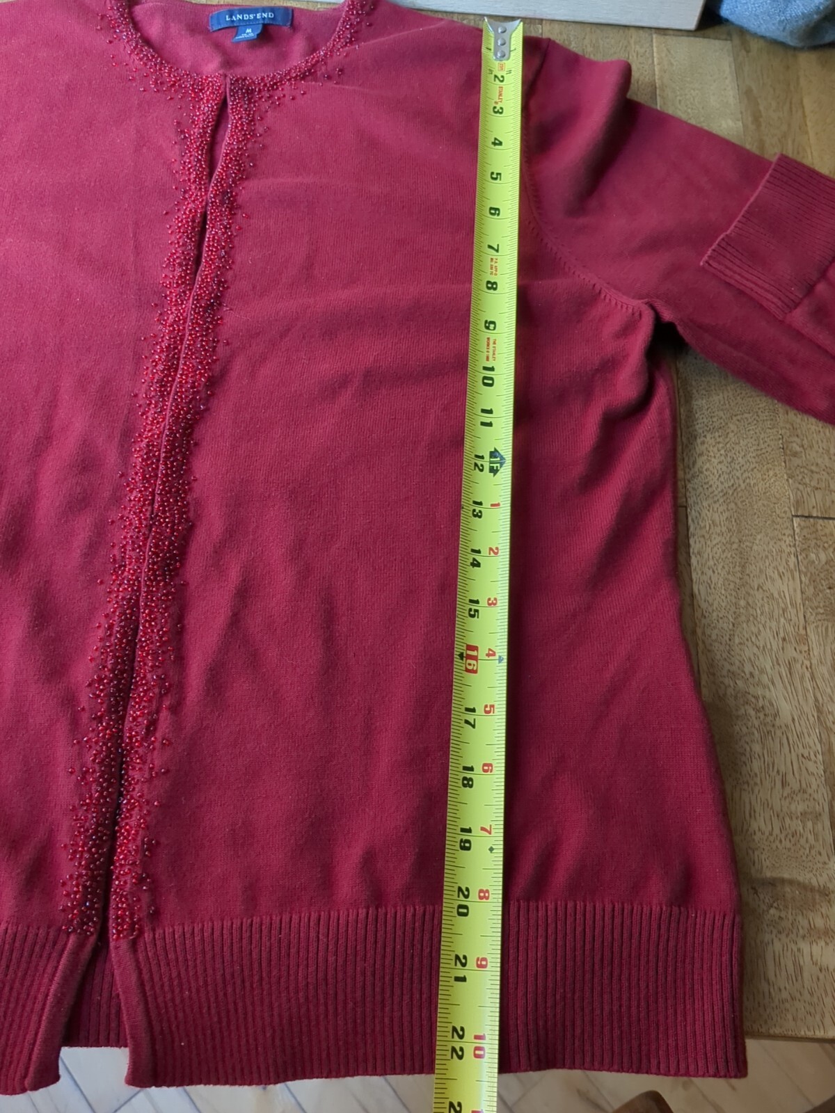 Lands End Holiday Evening Beaded Cotton Cardigan Sweater Open Front M 8-10 Red