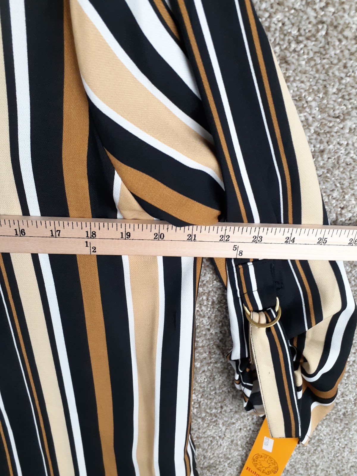 Ruby Rd Popover Collard Blouse Womens M Brown Black Stripe Roll Tab Sleeve NWT
