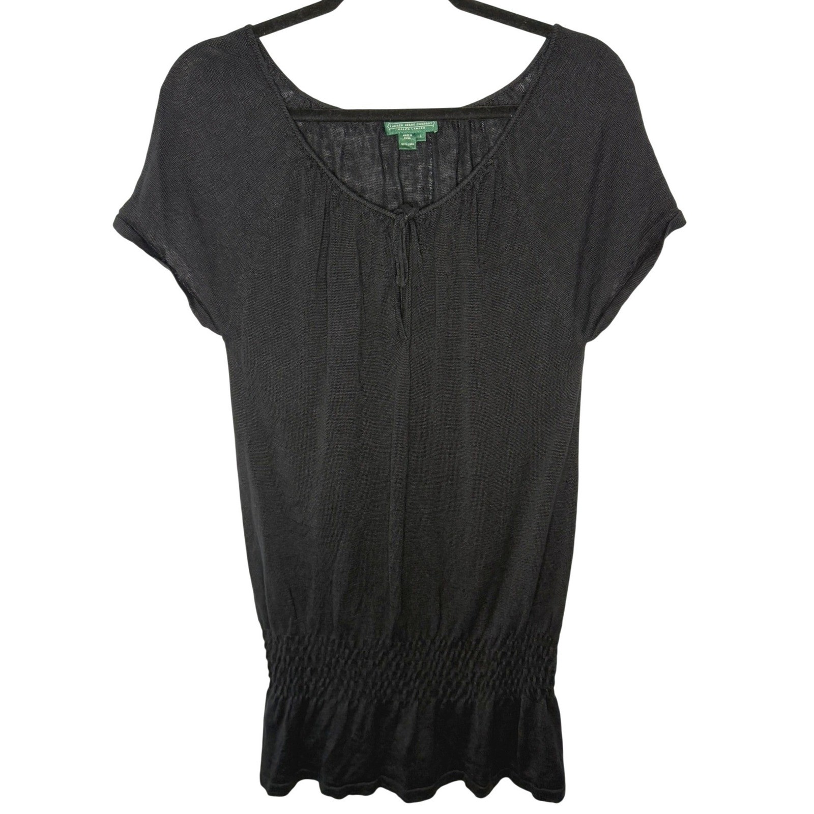 Lauren Ralph Lauren Knit Top Wn L Black Linen Smocked Peplum Tie Neck Cap Sleeve