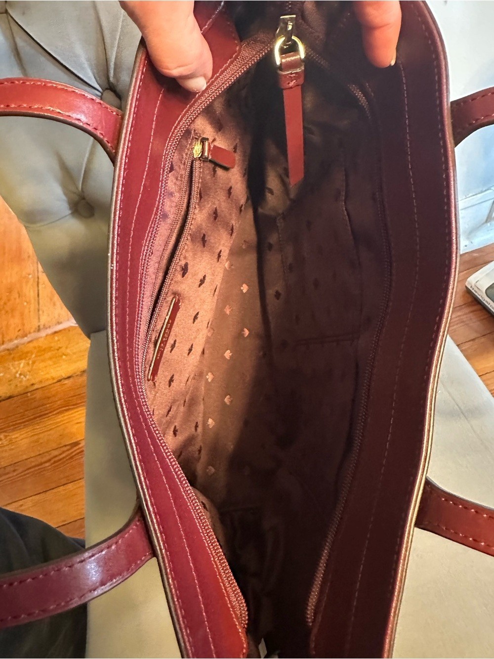 Kate Spade Burgundy Leather Tote with Pink Flower Charm