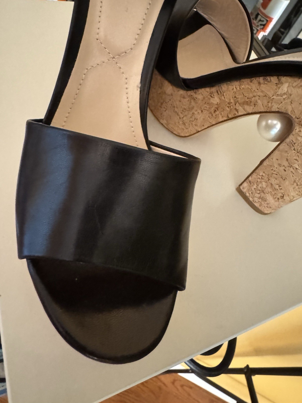Nicholas Kirkwood Black Leather Open Toe Cork Platform Pearl Ankle Strap 39.5
