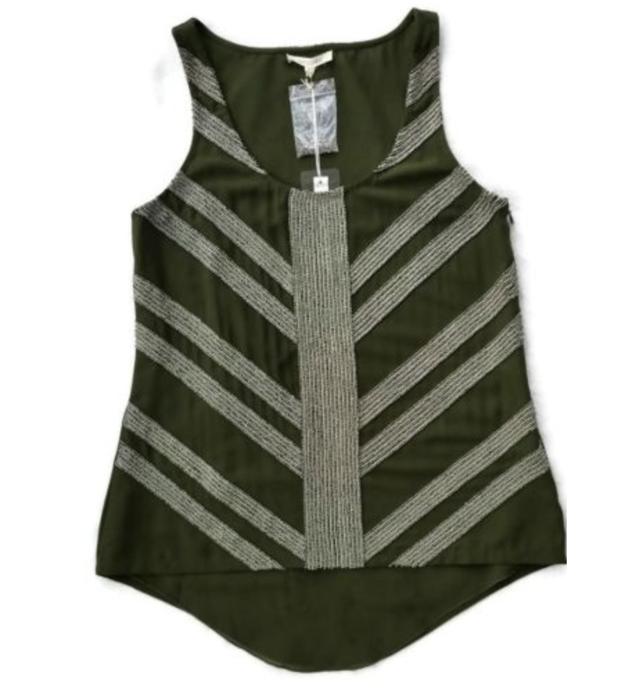 Renzo+Kai Sequin Beaded Top Khaki Green Blouse Dressy Size Small 4 New
