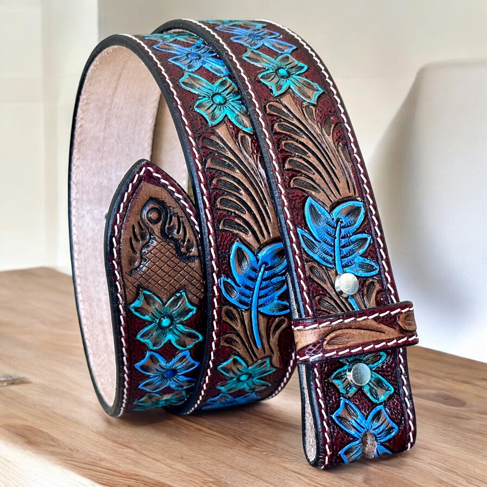 Women’s Western Leather Belt, Floral Embossed Cowgirl Hand Tooled Hand Painted