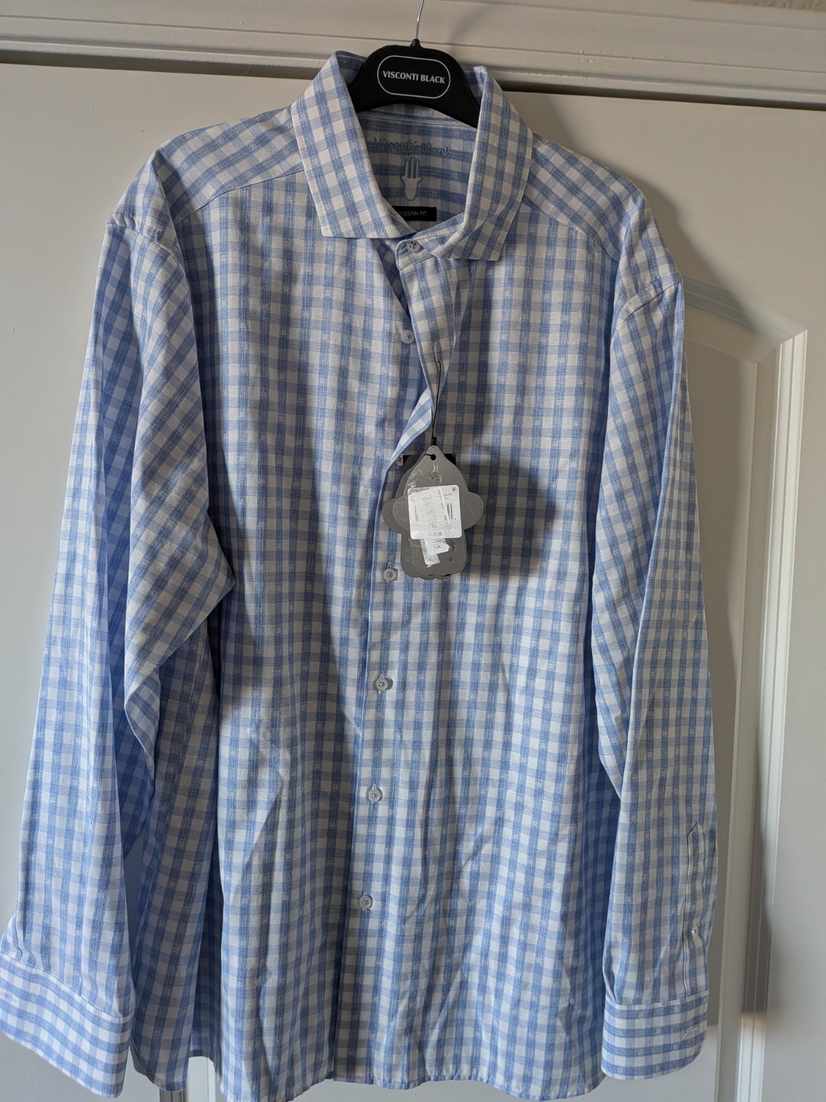 Visconti Long Sleeve Shirt XL Modern Fit Blue & White Geo Check Pattern NWT $135