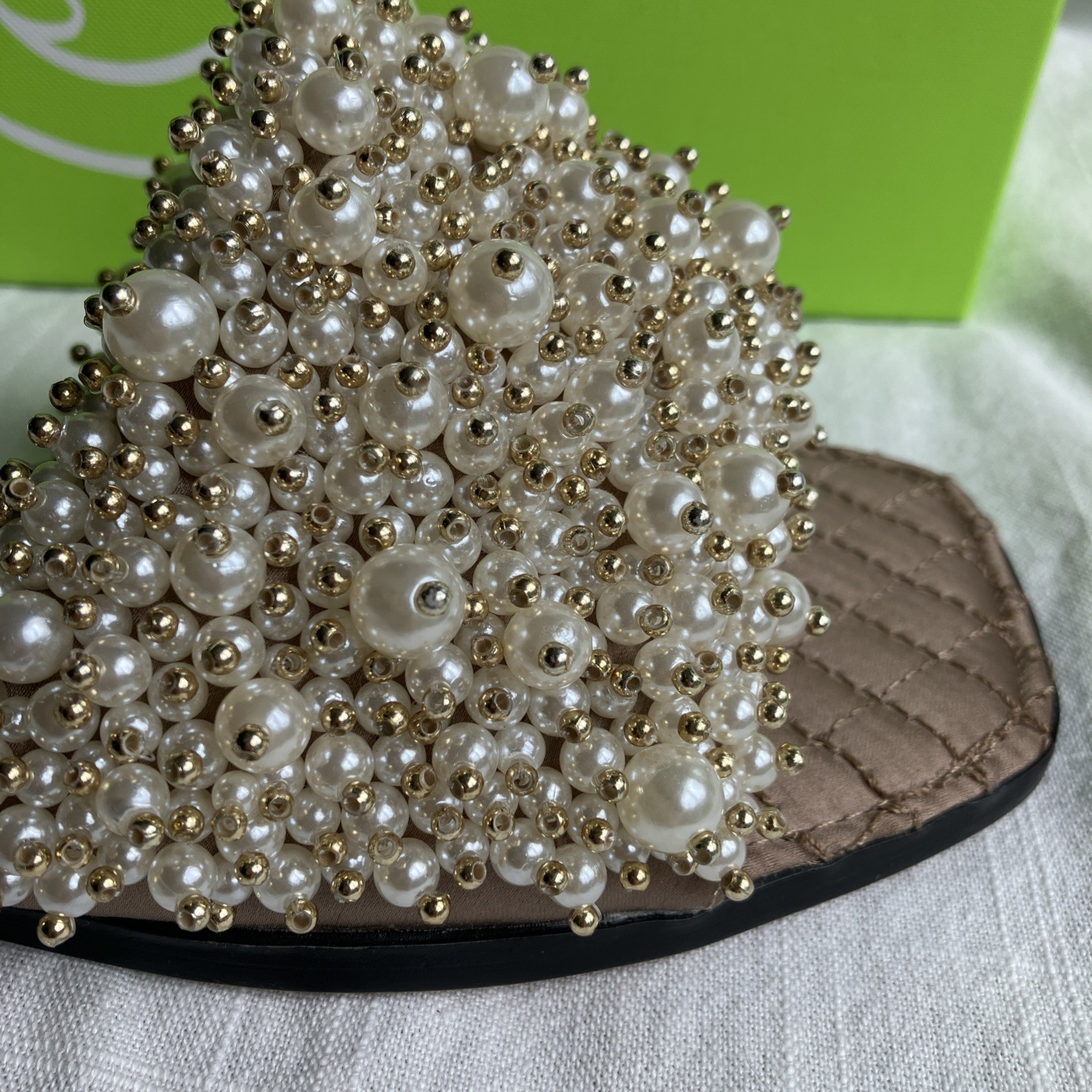 Sam Edelman Toffee Pearl Embellished Quilted Elijah Slide Sandals Size 8 gold