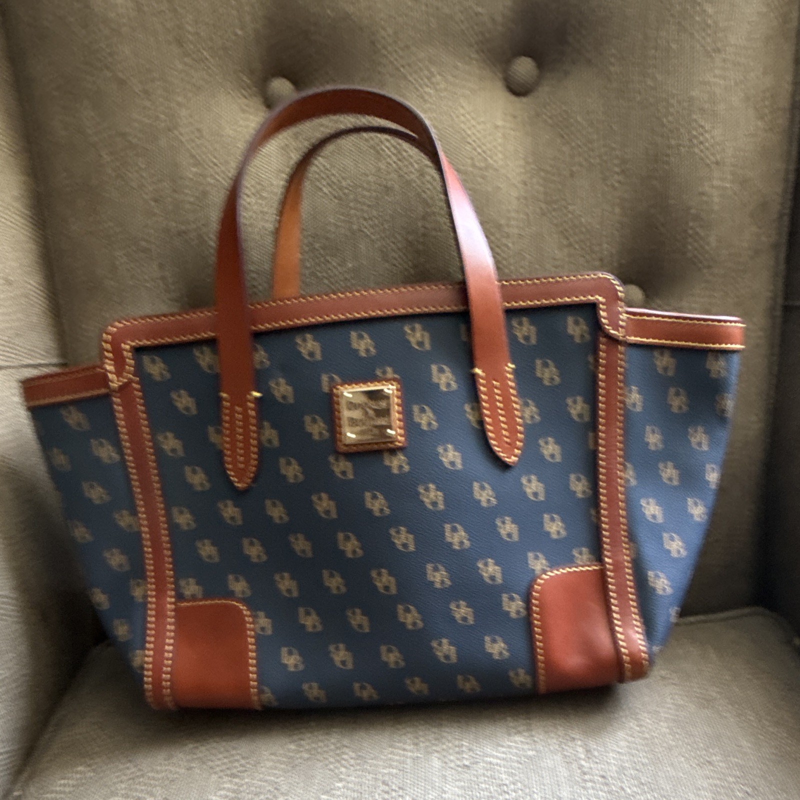 Dooney & Bourke Navy/Brown Monogram Zip Satchel, Strap, Gold Hardware, Pockets