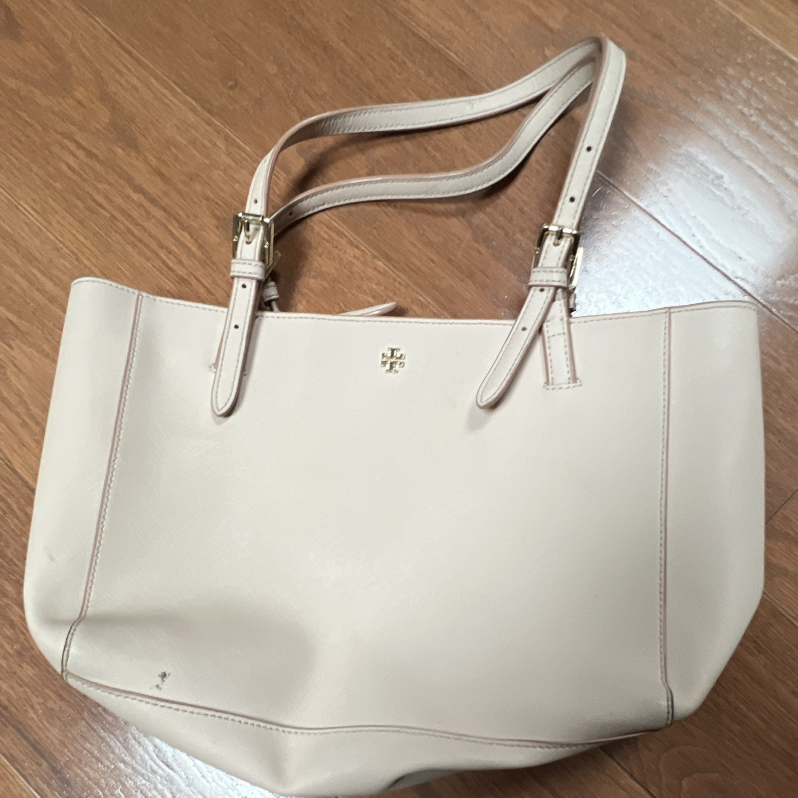 Tory Burch Beige Tote Bag Zip Closure, Inner Pockets, Logo, Gold Hardware