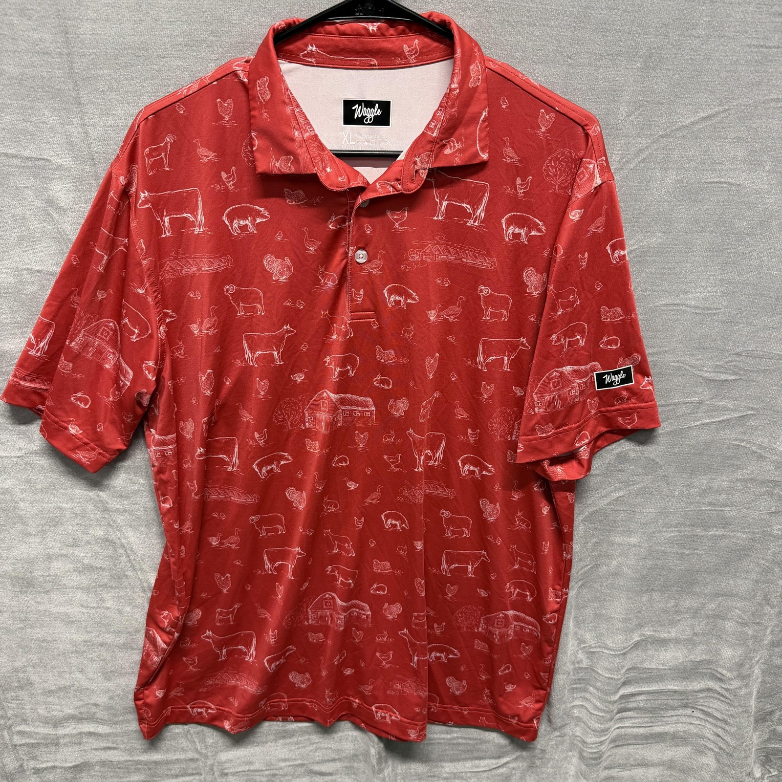 Waggle Polo Shirt Mens XL Red Farm Animal Print Golf Stretch Performance Top