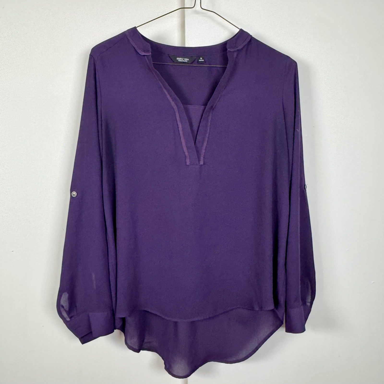 Simply Vera Vera Wang Blouse Purple Split Neck Roll Tab Sleeve Top Womens Medium