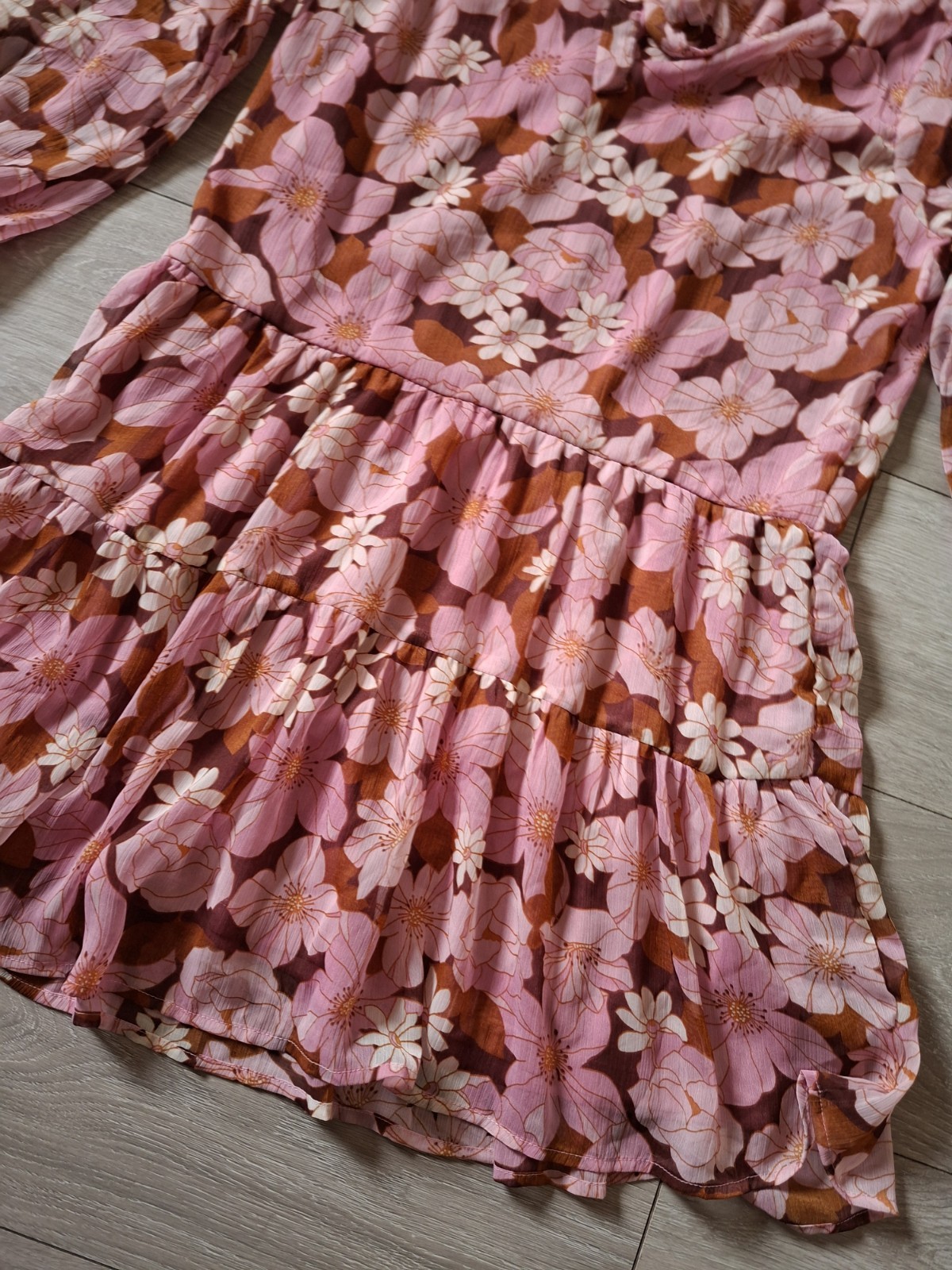 Brown & Pink Floral Flared Smock Dress Tiered Frill Party Sheer Boho Retro UK14