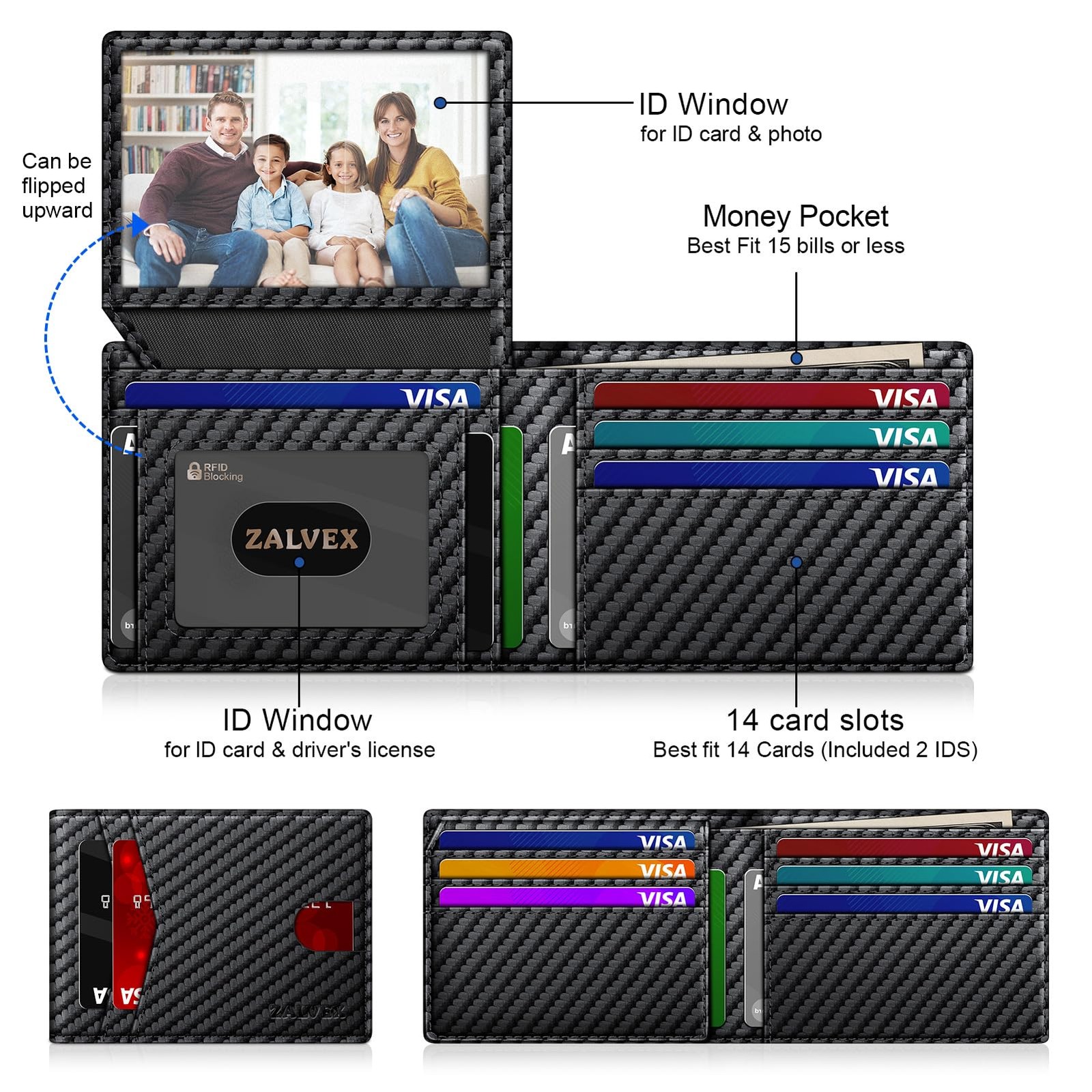 Wallet for Men Slim RFID Blocking 4.3 x 3.2 x 0.6 inches, Carbon Fiber