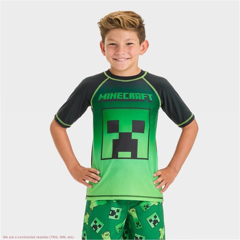 Boys’ Minecraft Rash Guard Top Green UPF 50+ Swimwear SIZE M *SEE DEAL!!!*