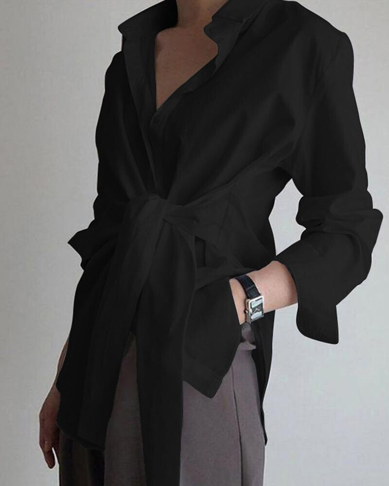 Women Lace Up Wrap Shirt Long Sleeve Buttons Down Solid Tops Asymmetrical Blouse
