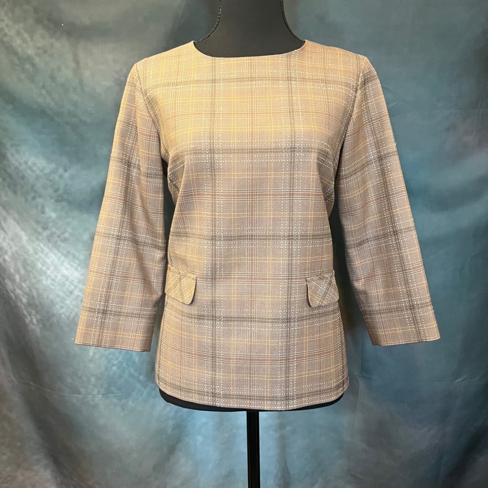 Pendleton Womens 100% Virgin Wool Plaid Top Brown Tan Size 6 3/4 Sleeve Blouse
