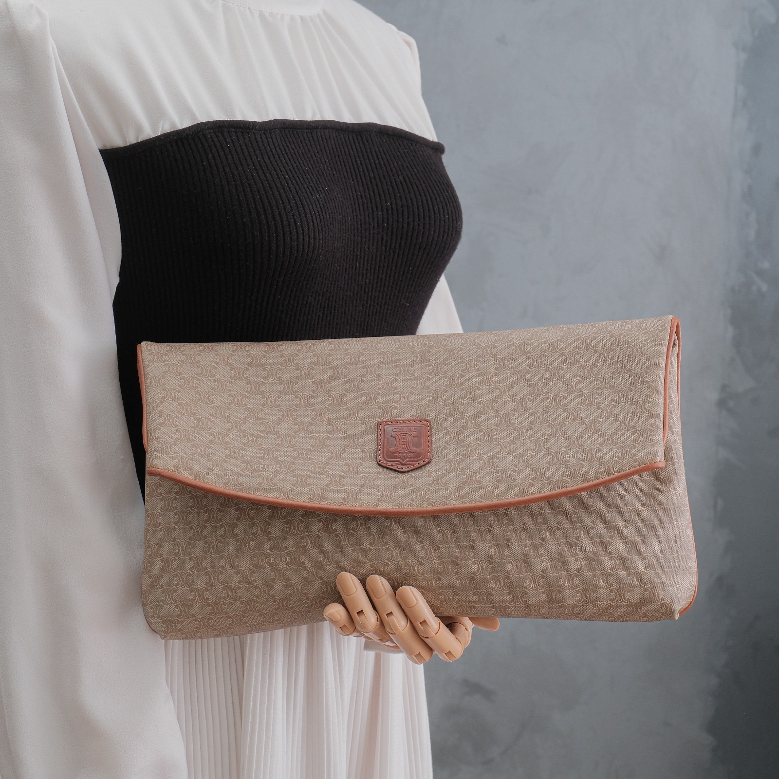 CELINE Clutch Hand bag Purse Macadam Beige