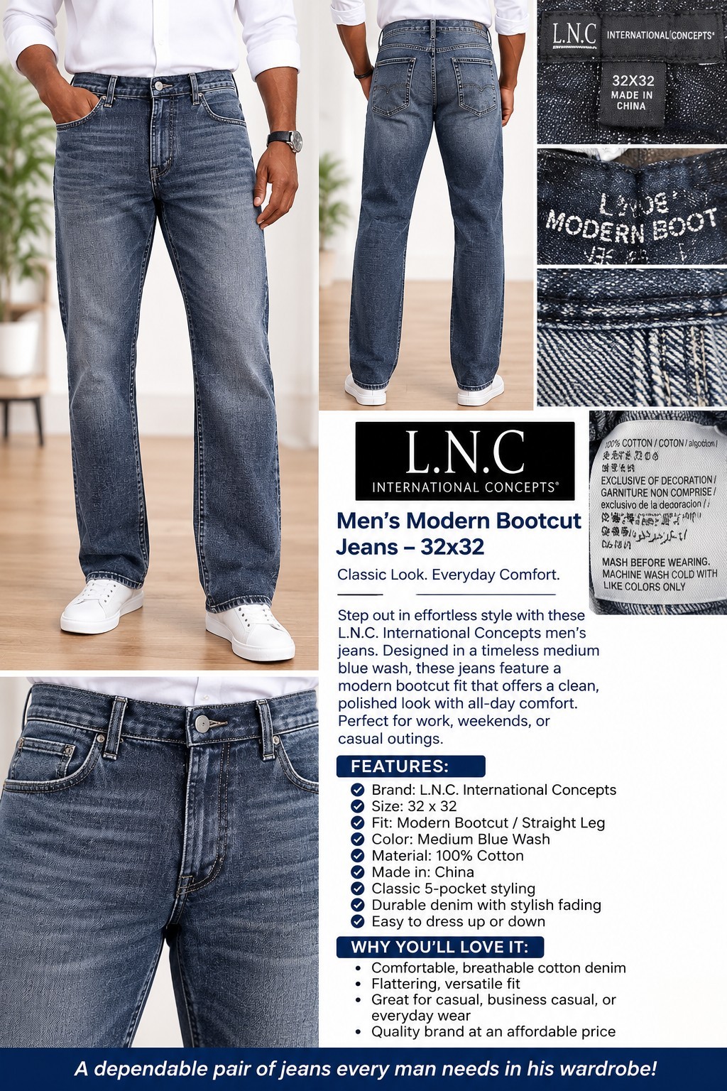 INC International Concepts Men’s Jeans-Size 32×3 – Medium Wash Denim- (M0075)