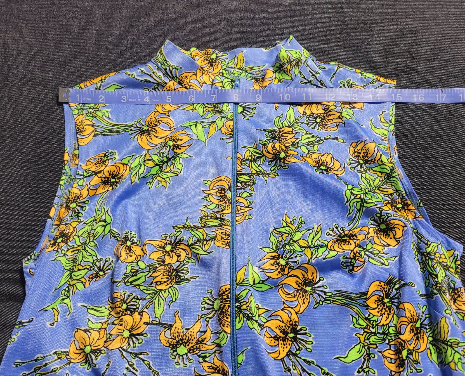 Vintage 60s 70s Blue Yellow Floral Maxi Leg Slits Sleeveless Size M Pocket Zip