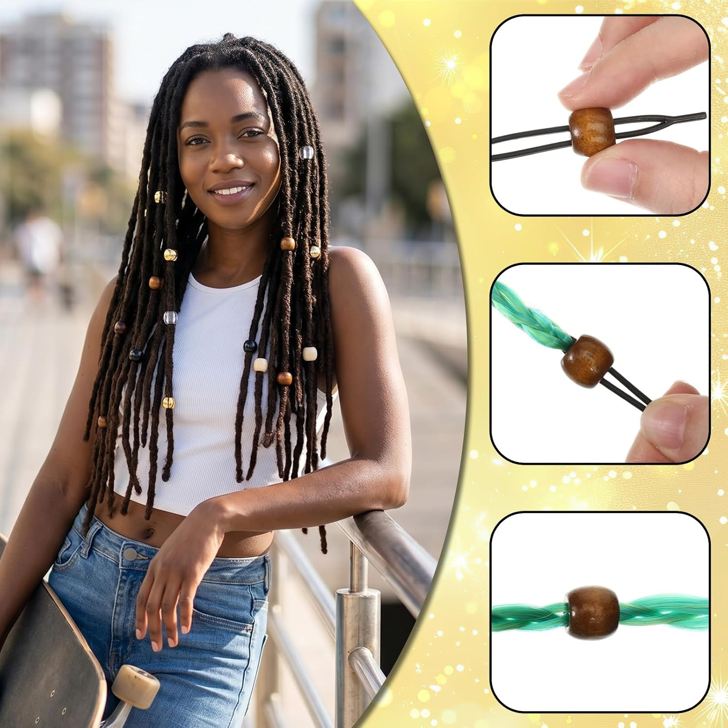 60 Pcs Hair Beads for Braid, Acrylic Wood African Hair Dreadlock Beads, Cute Hai
