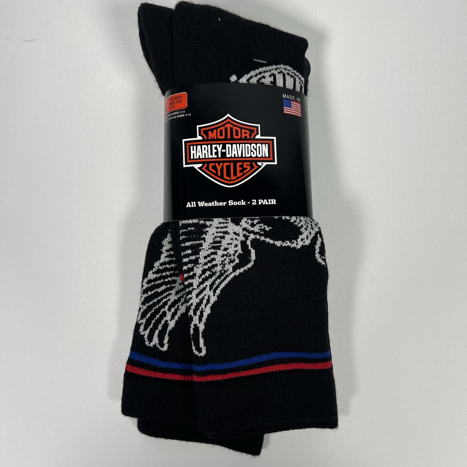 Harley Davidson Socks, Men’s Large, 2 Pair NEW! Made In USA Black HD Eagle
