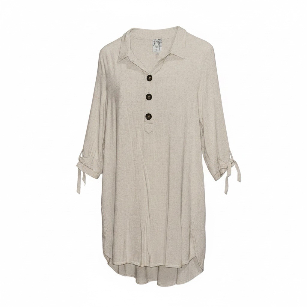 NAIF Linen Blend Taupe Button Front Collared 3/4 Sleeve Tie Cuff L