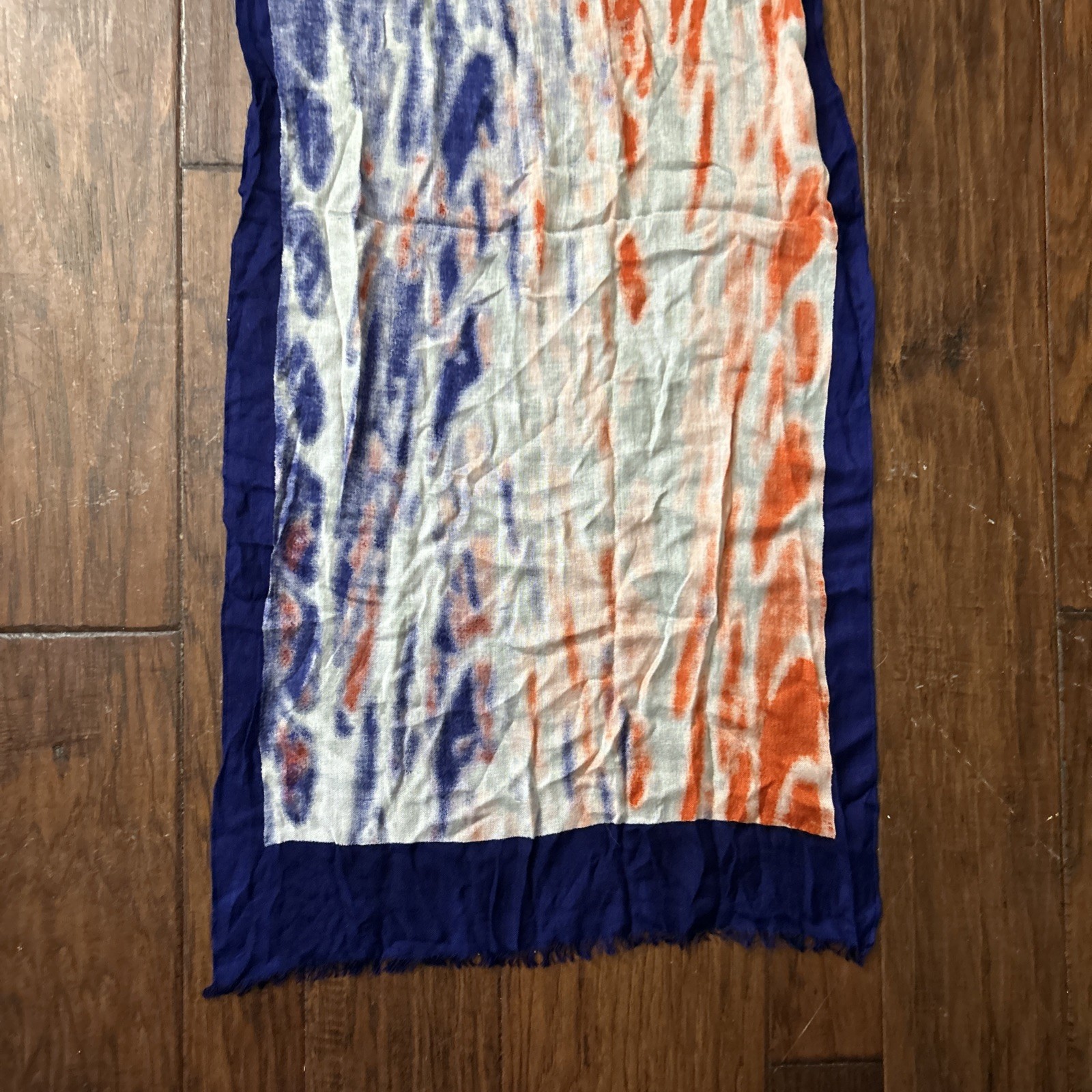 Blue Purple And Red abstract Ty Dye pattern semi-sheer long scarf fringe ends.