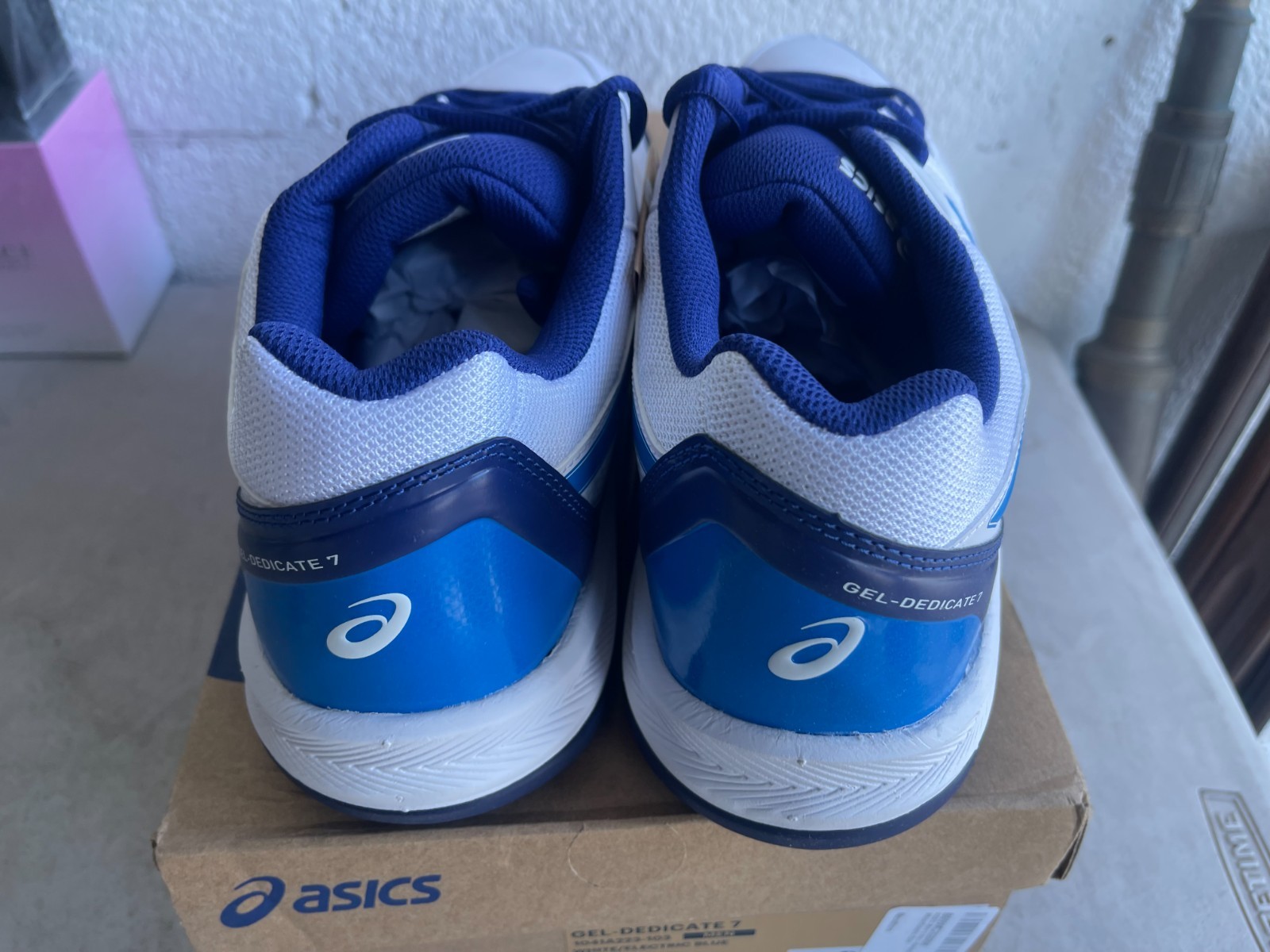 ASICS Gel-Dedicate 7 White Electric Blue Mens Tennis Shoes Size 12 1041A223-103