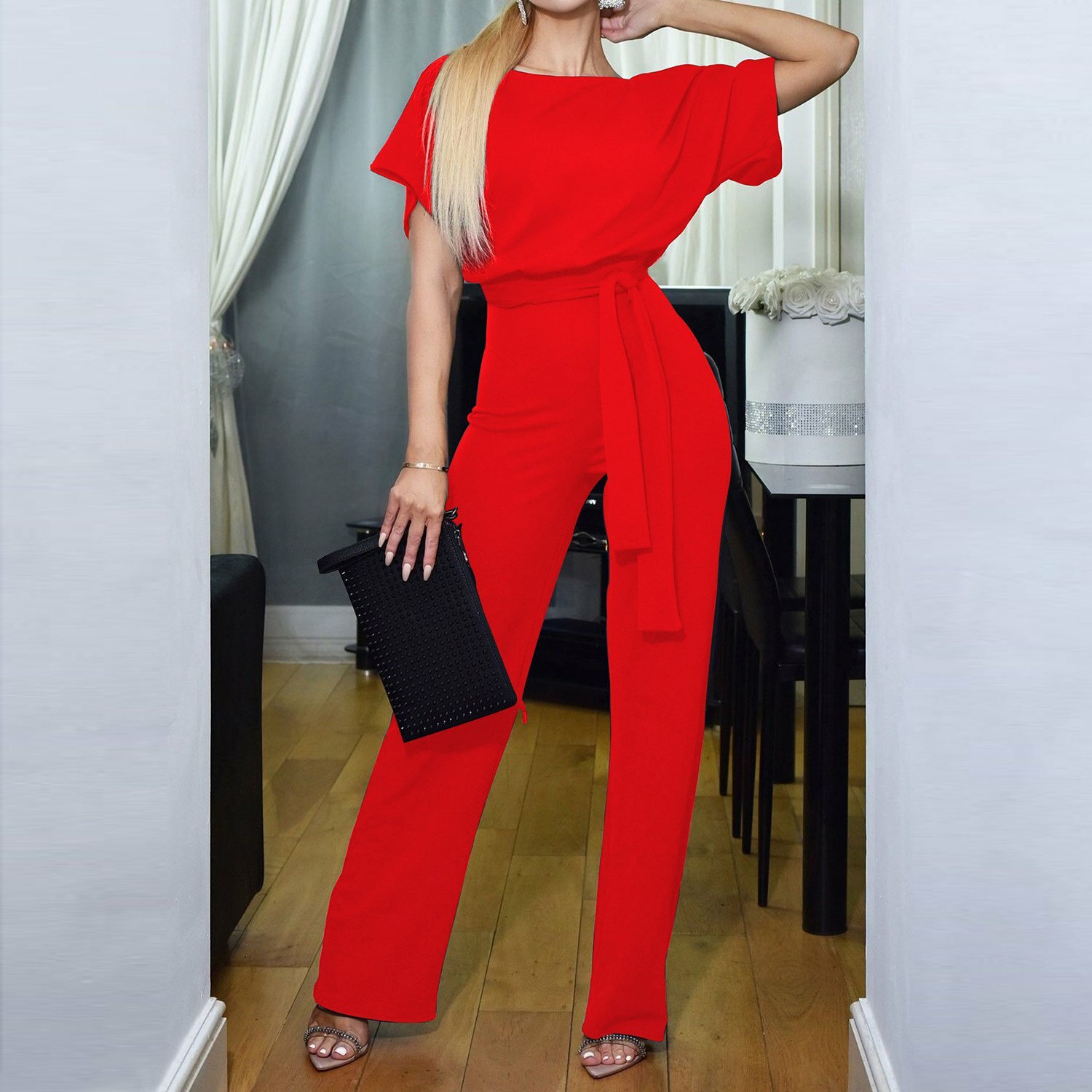 Women Wide Leg Belted Jumpsuits High Waist Romper Flare Palazzo Pants Suit S-XL