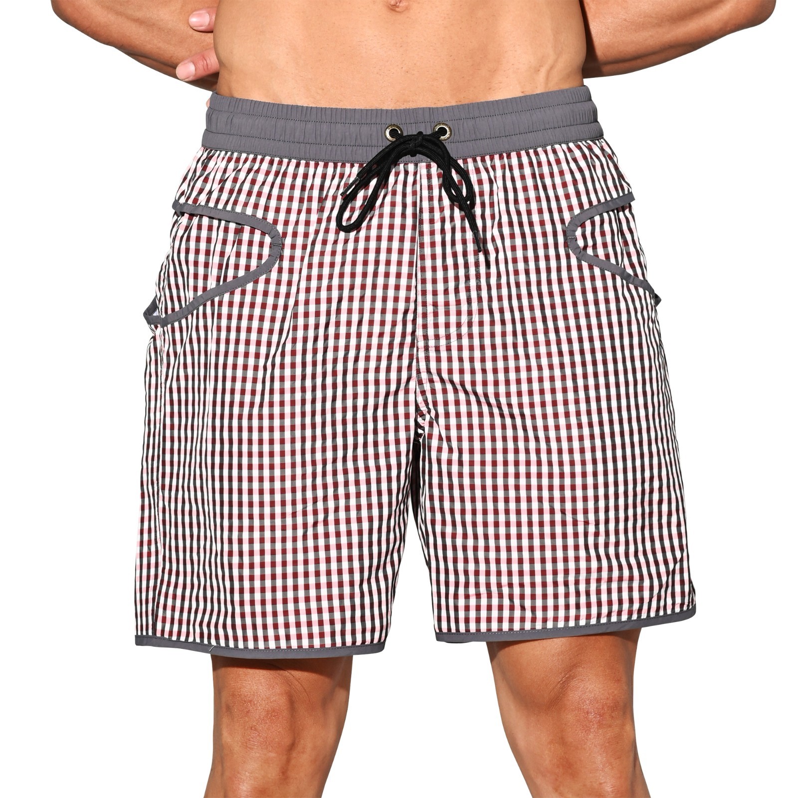 Men’s Lightweight Pocket Board Shorts Fast Dry Surf Lining Swimwear Plaid B4570