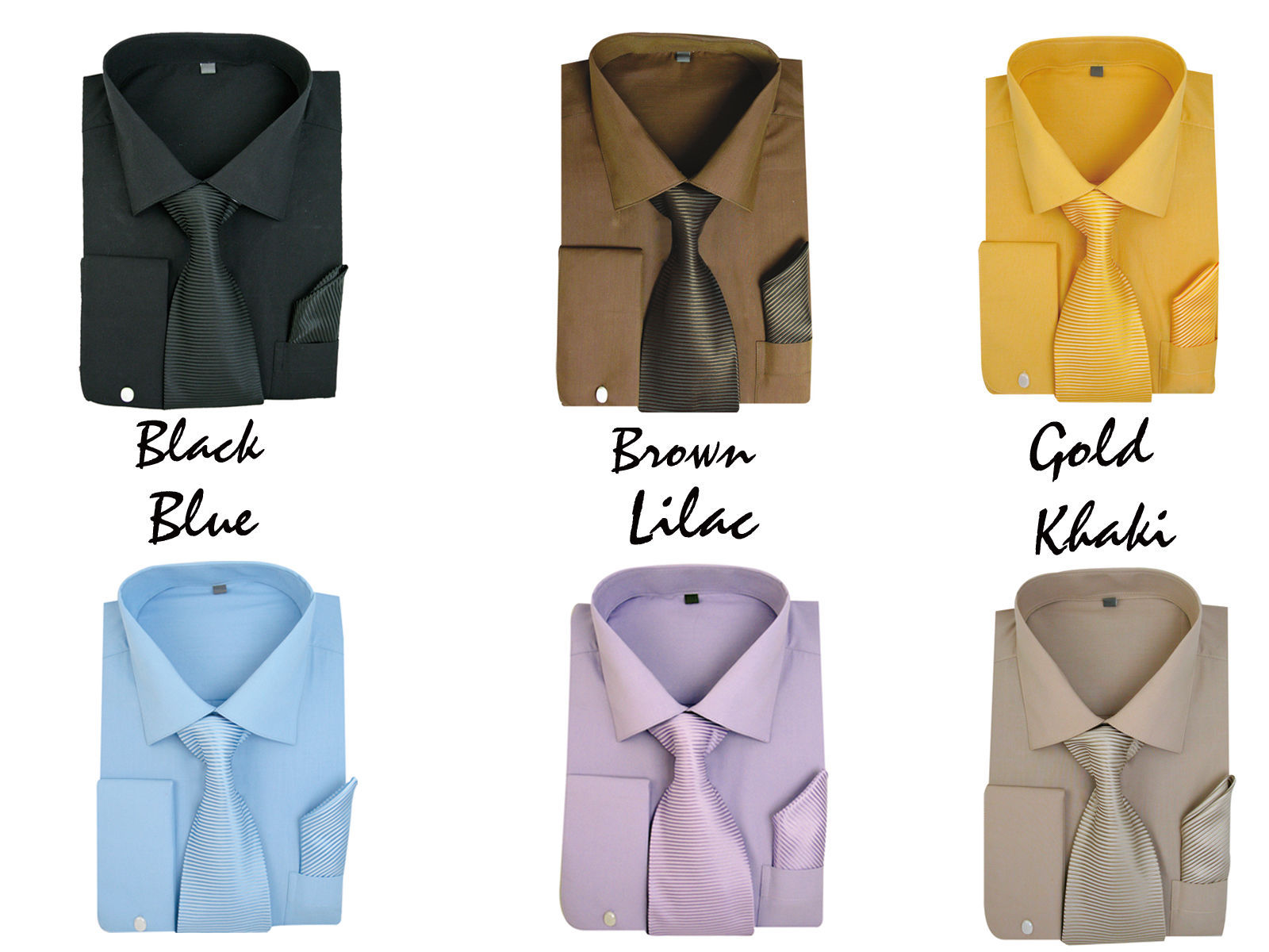 New Men’s French Cuff Dress Shirt + Matching Tie &Handkerchief Spread Collar #27