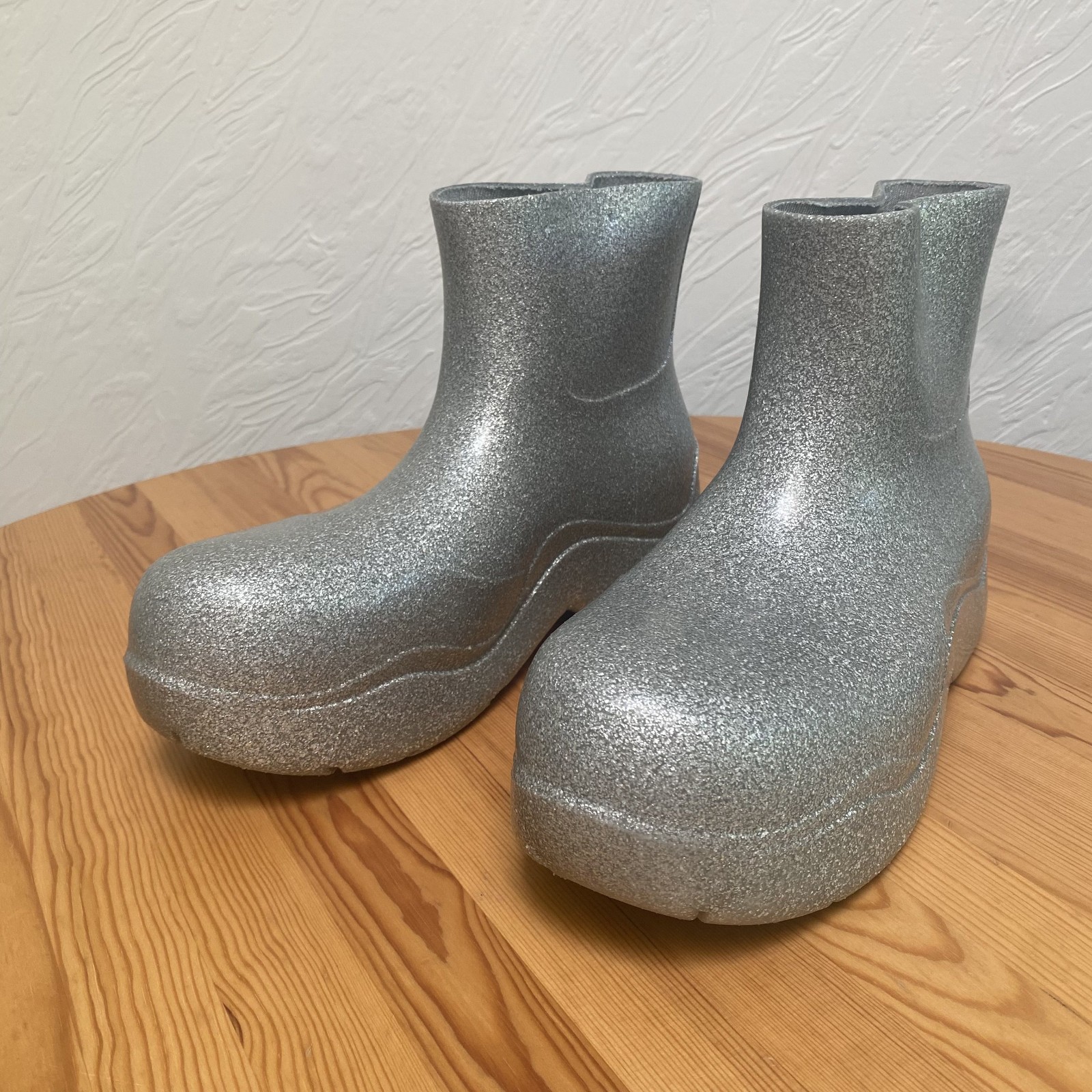 Bottega Veneta Silver Glitter Rubber Puddle Boots Mens 44 EU