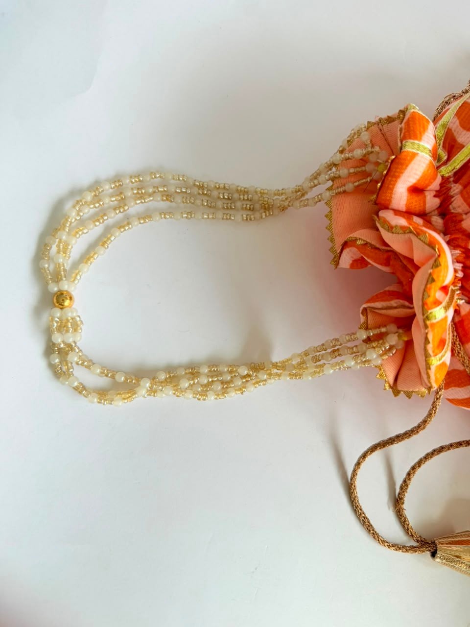 Indian Leheriya Gotta Lining with Pearl Handle Gifting Wedding Favor Potli Bag