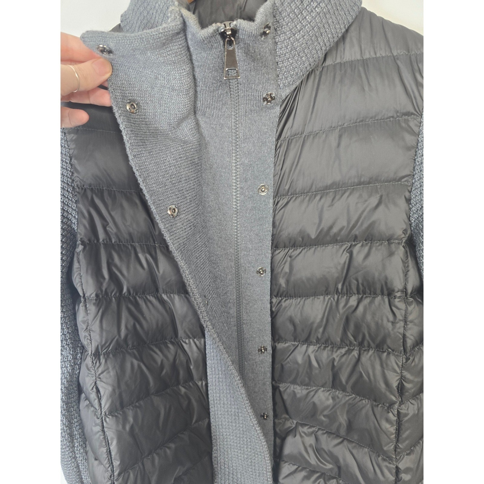 Moncler Women Black Grey Wool & Down Hybrid Knit Puffer Jacket Size S Logo Patch