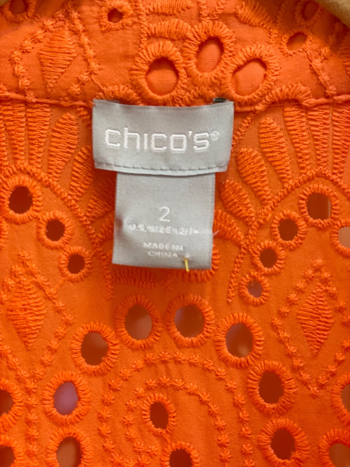 Chicos long sleeve women’s Eyelet Blouse Citrus Orange color SZ 2 US 12/14