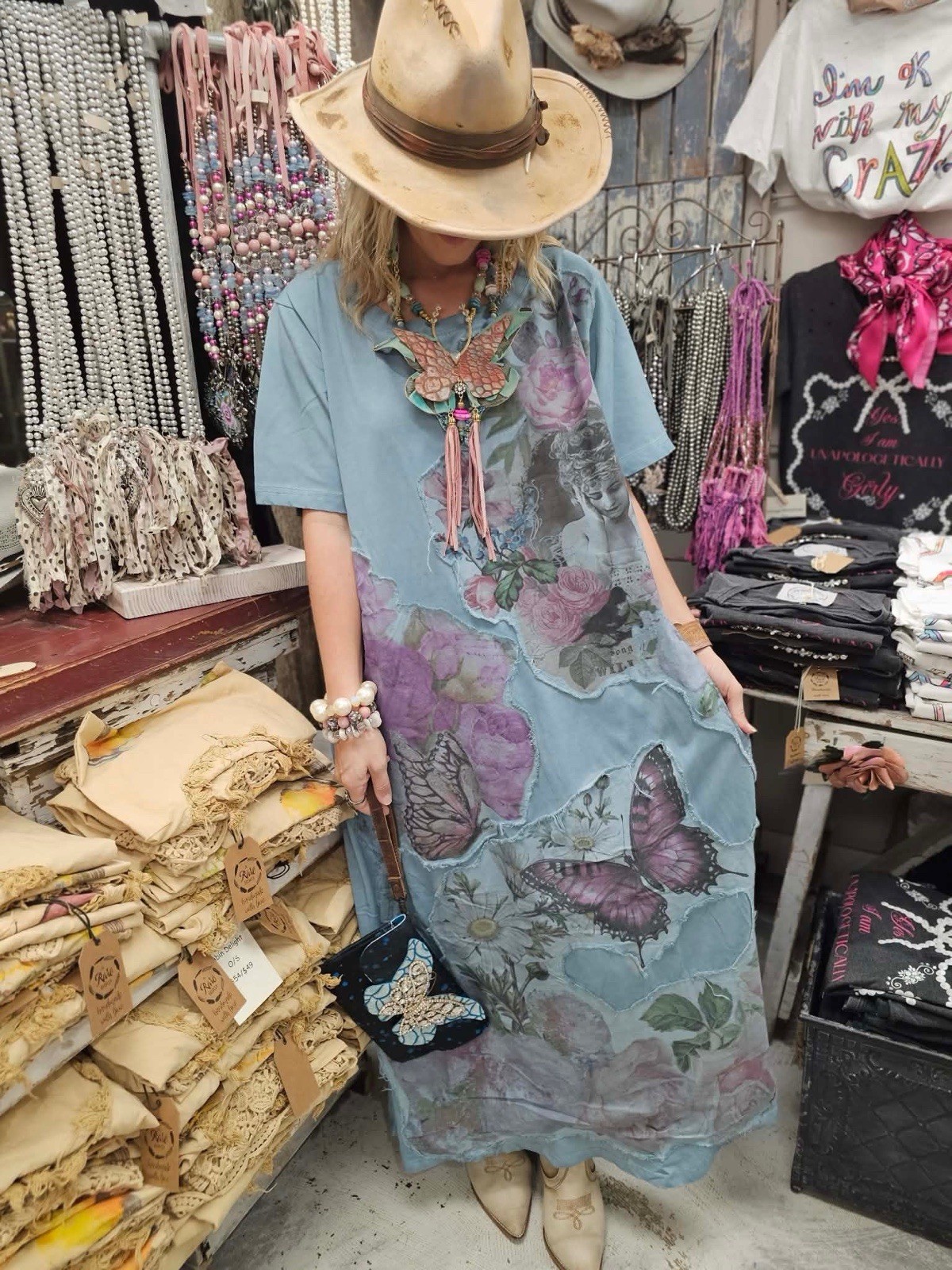NWT – A Rare Bird Butterfly & Roses Patches T-Shirt Dress – One Size