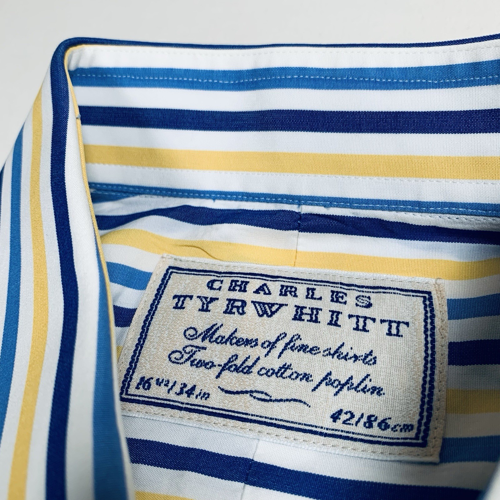 Charles Tyrwhitt Shirt Men 16.5 34 Blue Yellow Striped Poplin LS Dress Button Up