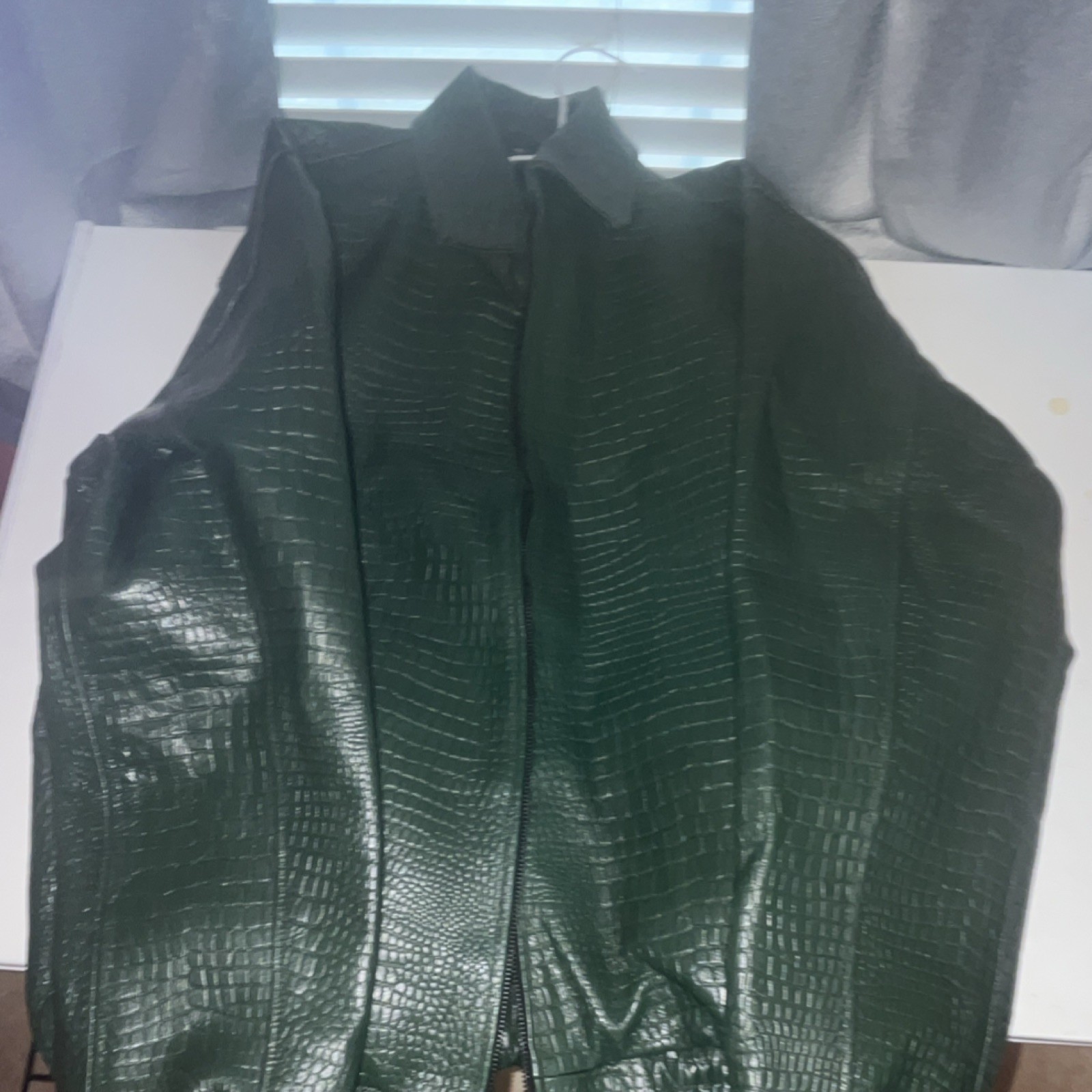 Green Crocodile Embossed Faux Leather Bomber Jacket Zip Closure Men’s 3XL