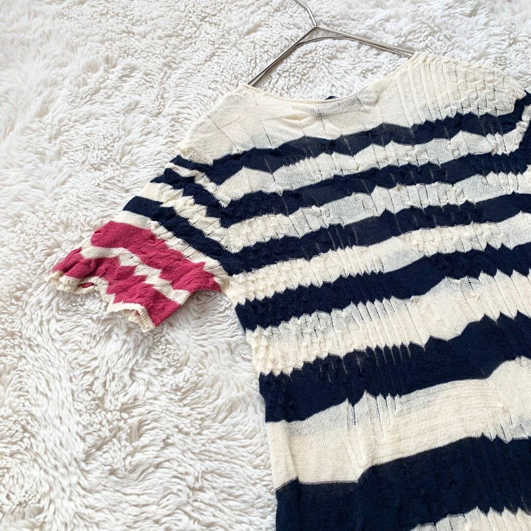 M.&KYOKO Silk Blend Short Sleeve Striped Knee Dress Size 1 Ivory Navy Pink Auth