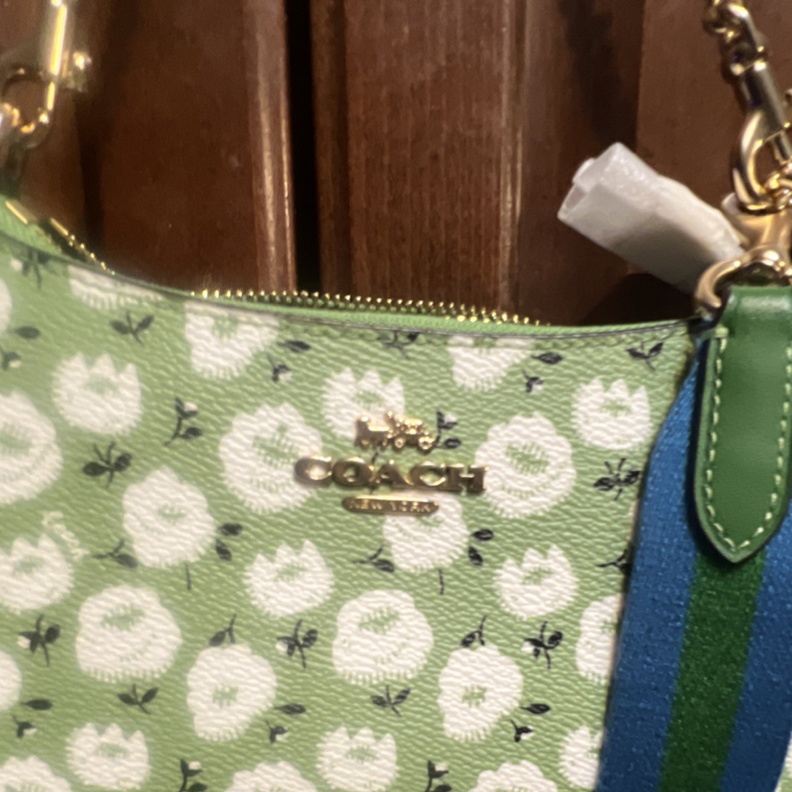 Coach Green Floral Shoulder Bag Zip Gold Chain Strap Detachable Lined Pockets