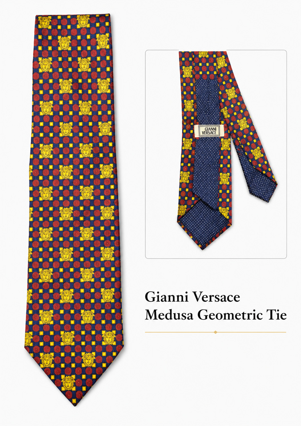 Vintage Gianni Versace Medusa Tie Red Blue Yellow Geometric Designer Necktie