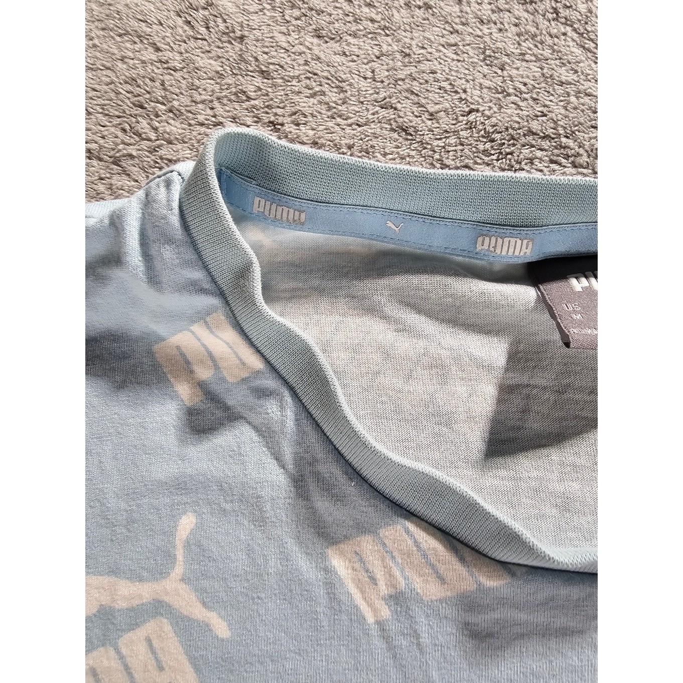 Puma Mens All Over Logo Print T-Shirt Light Blue White Short Sleeve Size M
