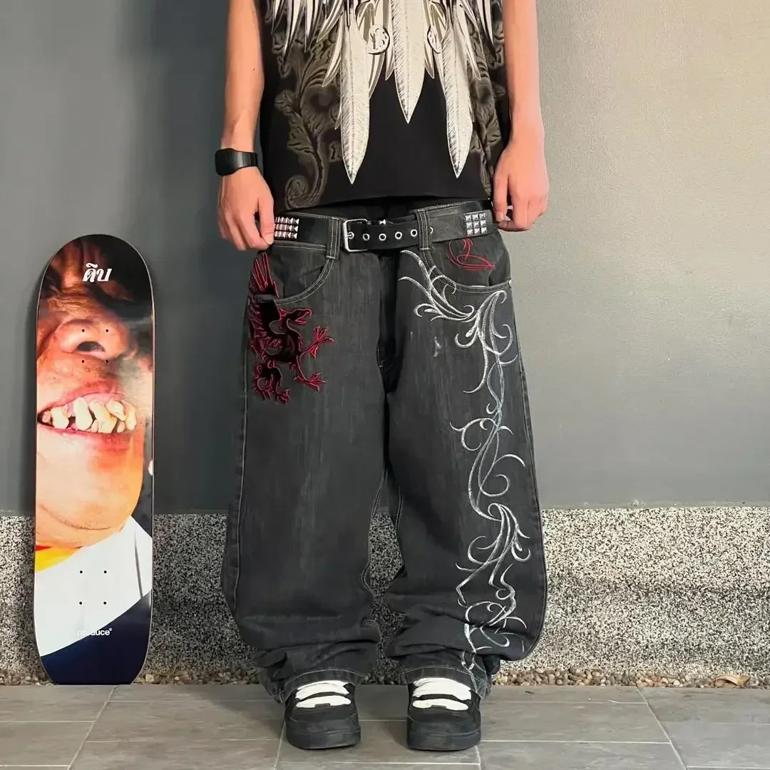 Embroidered Griffin Baggy Jeans Grunge Y2K Wide Leg Gothic Streetwear S-2XL