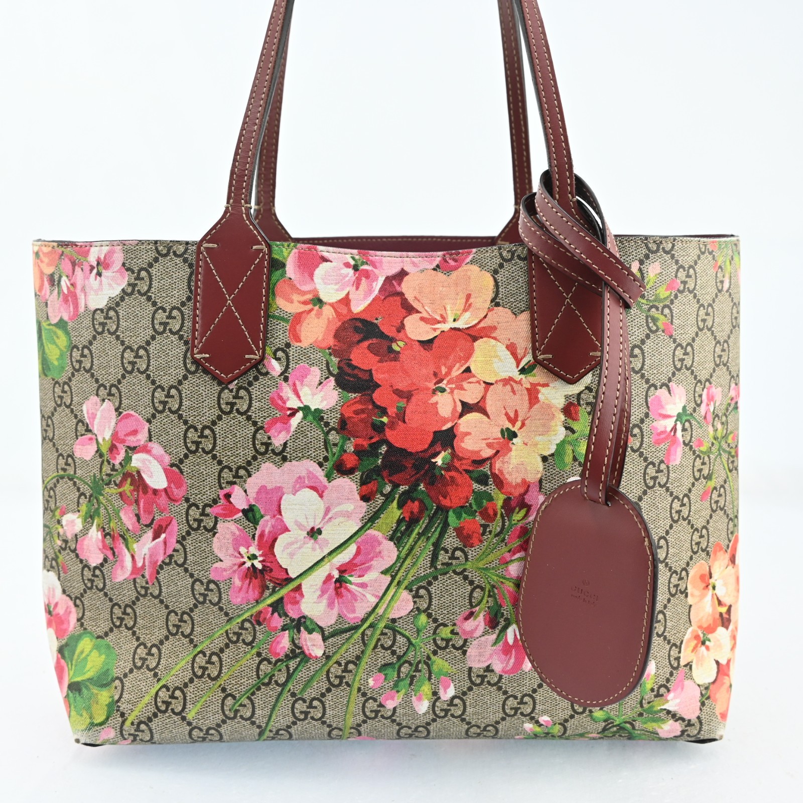 AUTH GUCCI Blooms Printed Tote Bag GG Reversible PVC Pink R3256RR808