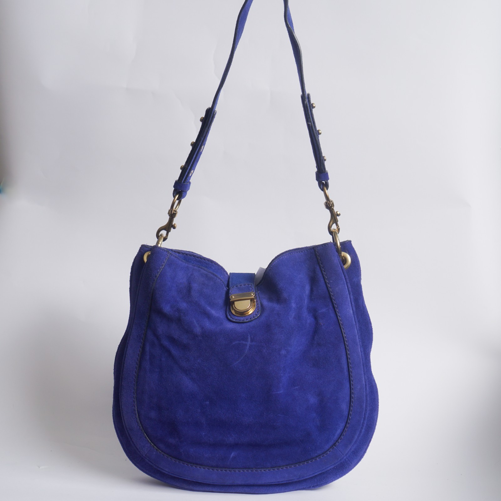 J. Crew Blue Suede Leather Push Lock Triple Compartment Hobo Shoulder Bag