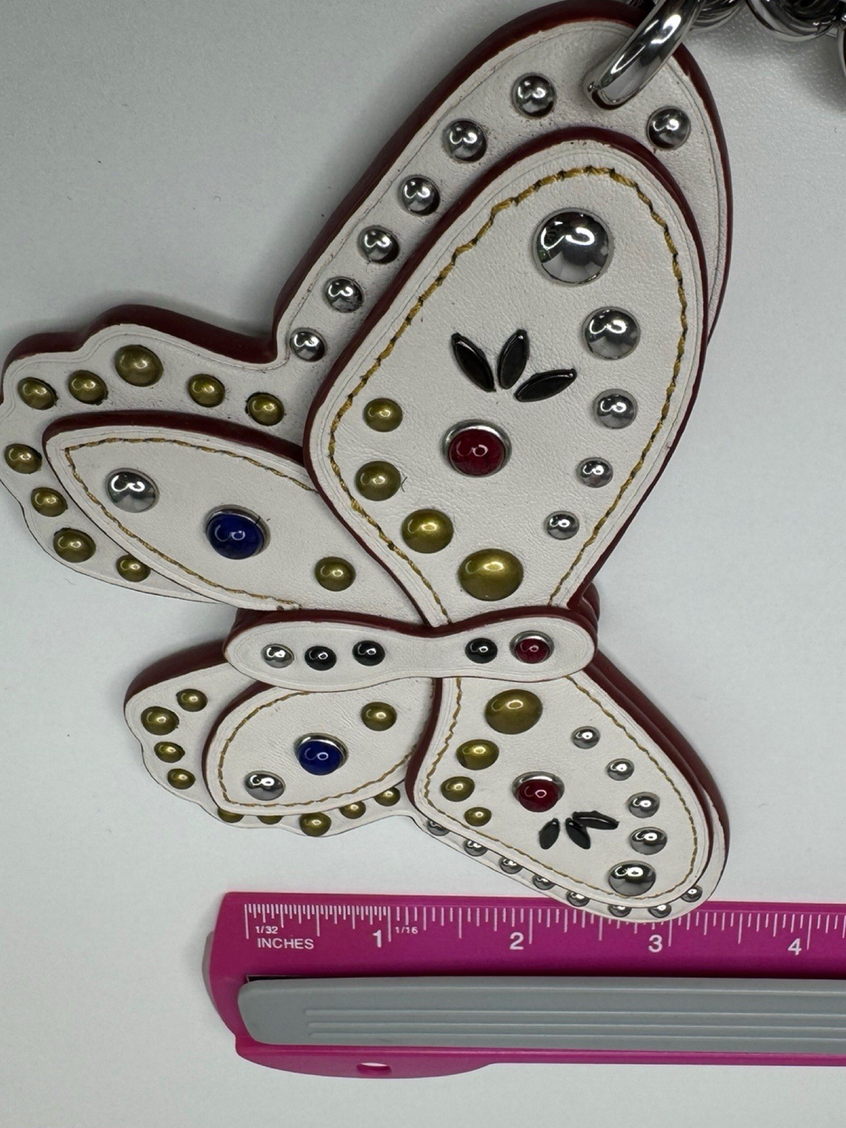 Coach Butterfly Large Leather Chalk White Colored Stone Metal Rivets Keychain