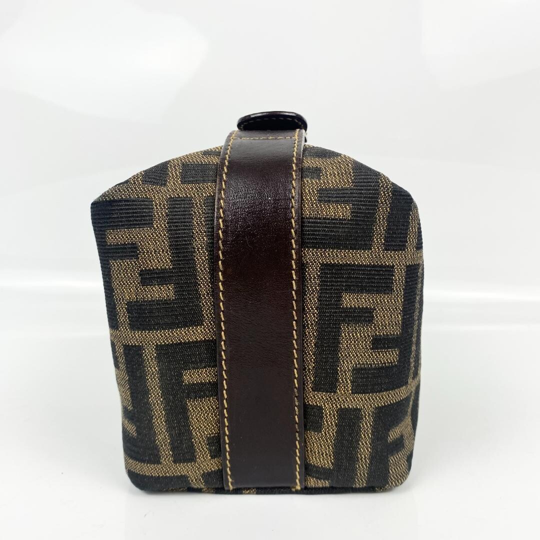 Fendi Zucca FF Logo Vanity Bag Canvas Leather Brown Gold Italy Top Handle Zip