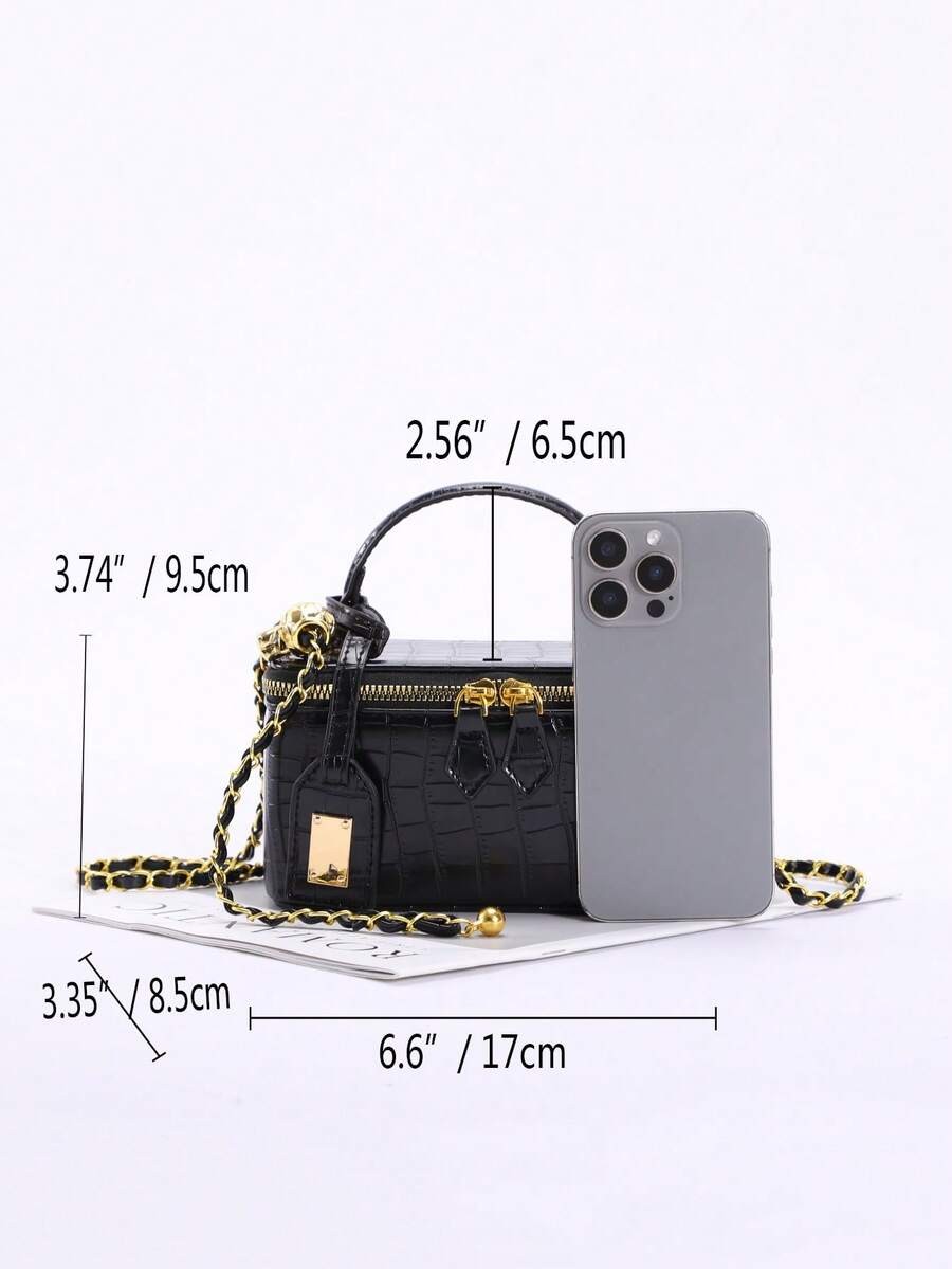 Mini Quilted Box Bag Rhinestone Embroidery Zipper Handbag Chain Strap Purse
